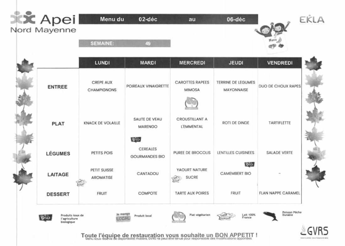 Menus du 2 au 6 décembre 2024