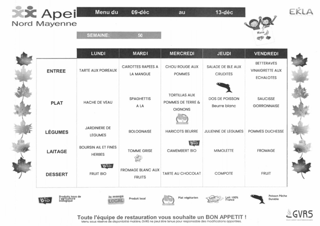 Menus du 9 au 13 décembre 