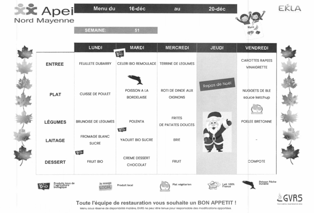 Menus du 16 au 20 décembre 2024