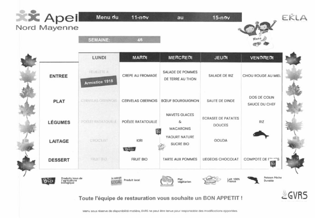 Menus du 11 au 15 novembre