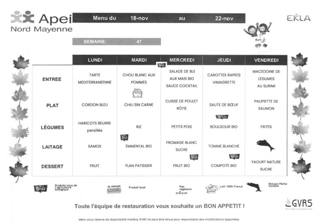 Menus du 18 au 22 novembre