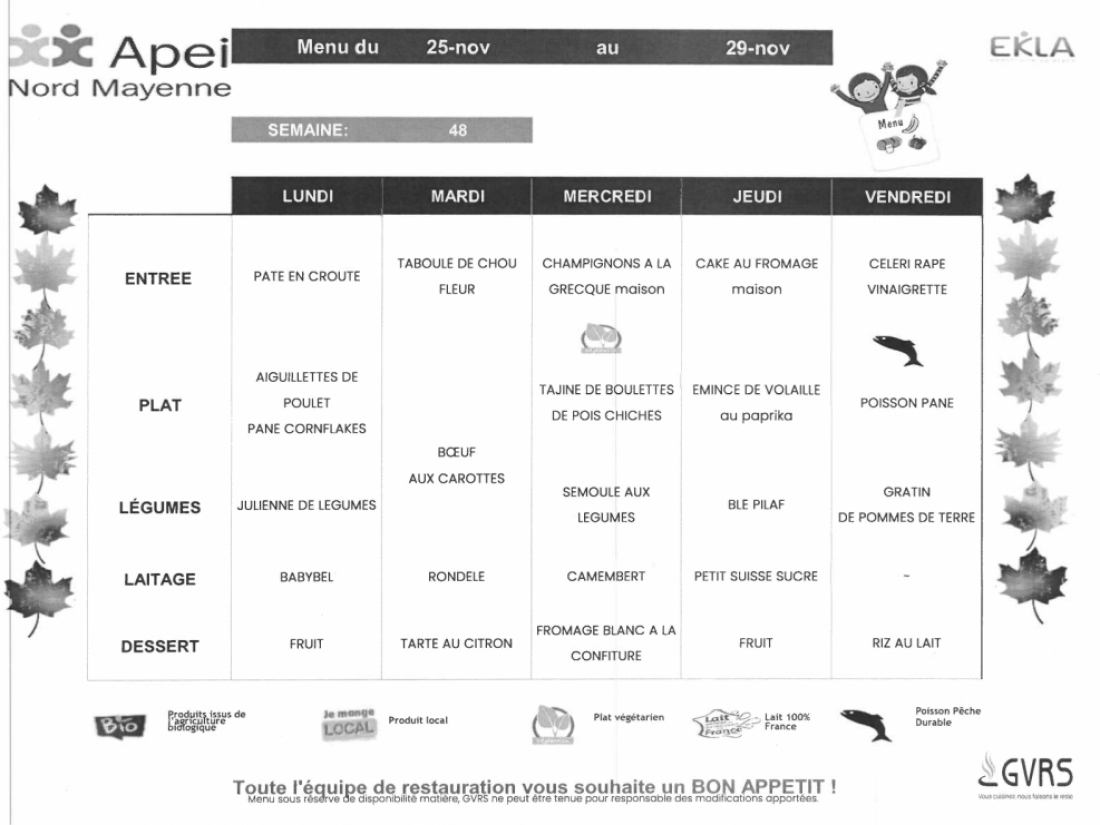 Menus du 25 au 29 novembre